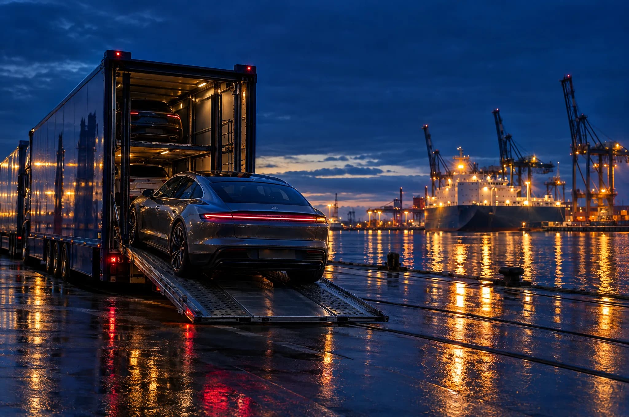 Auto scaricata da una bisarca in un porto commerciale al tramonto